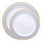 White with Blue and Gold Chord Rim Plastic Dinnerware Value Set (120 Guests)